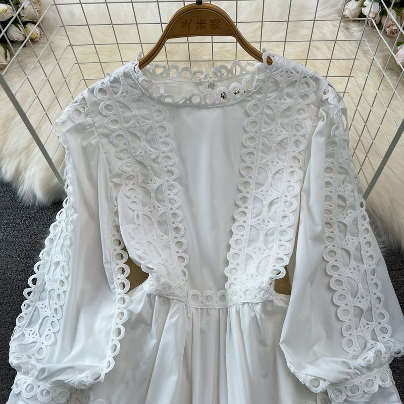 Spring Autumn Retro Chic Lantern Long Sleeve Lace Hollow Patchwork Round Neck Slim Waist Casual Dress 5