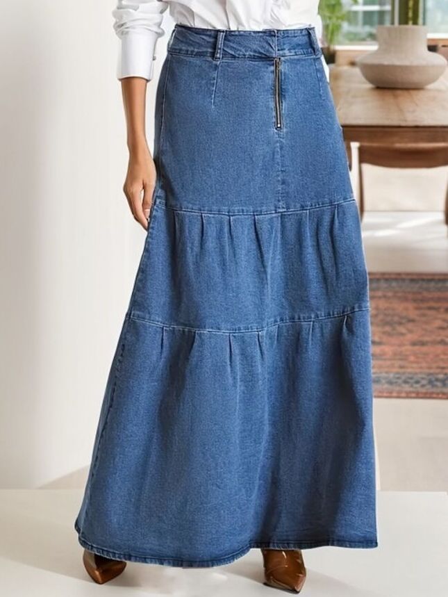 Women Spring and Summer Vintage Pastoral Casual Cake Denim Maxi Dress