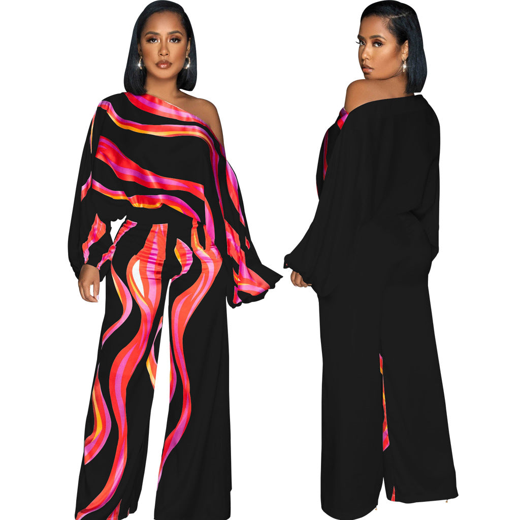 Sexy Fashion Print Slash Shoulder Long Sleeve Women's Wide Leg Jumpsuit 8