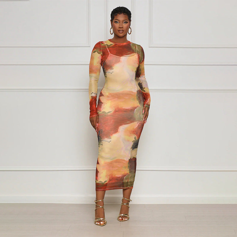 Women suspender skirt sexy Mesh abstract print long-sleeved dress two-piece set 5