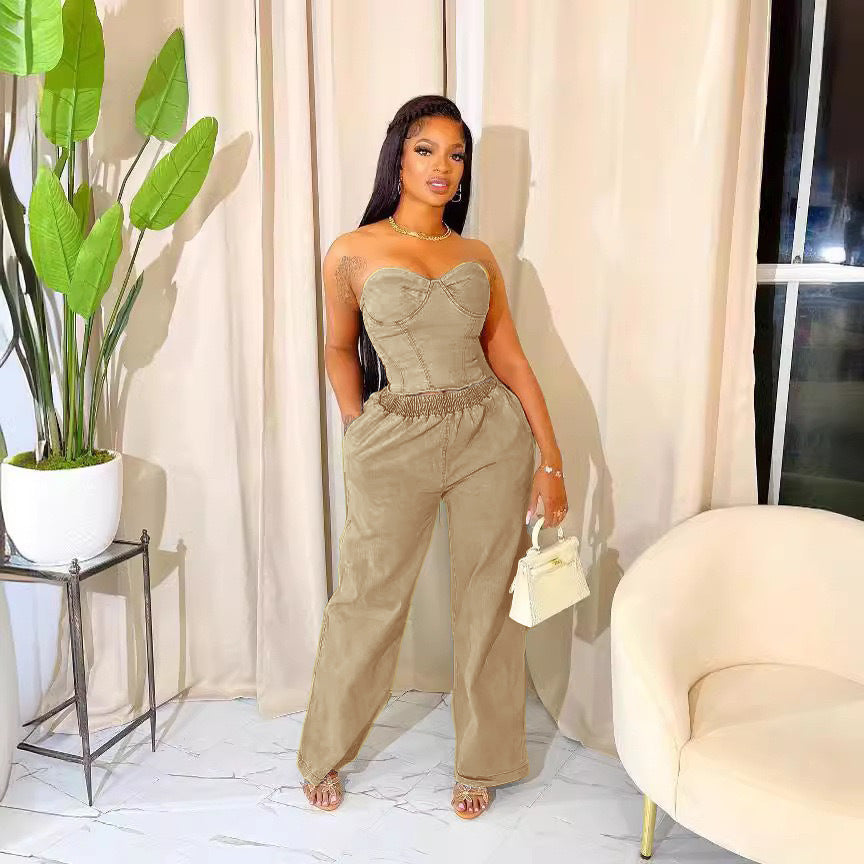 Women casual stretchy denim sleeveless top and pant two-piece suit 9