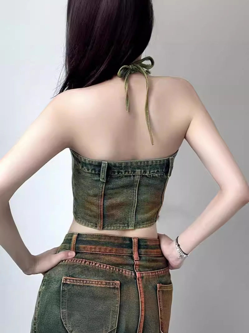 Women Denim Suspender Strapless Top and Multi-Pocket Multi-Color Skirt Two-Piece Set 3