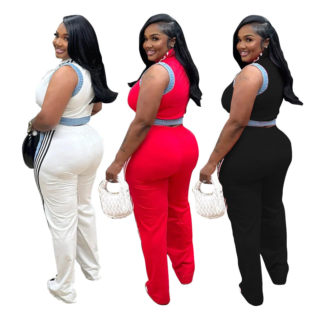 Women casual webbing patchwork top and denim wide-leg pants two-piece set 6