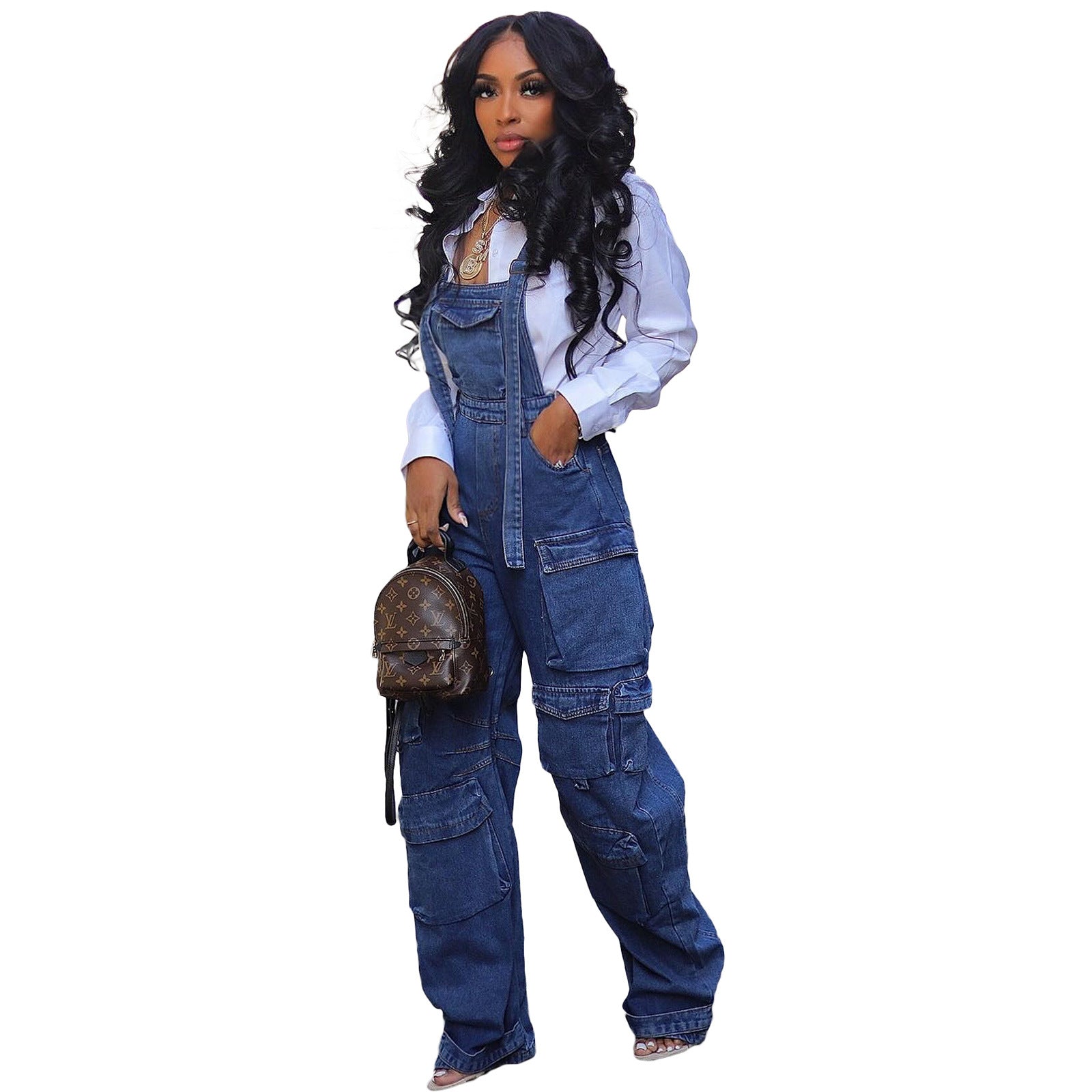 Women style washed Denim loose cargo overalls 9