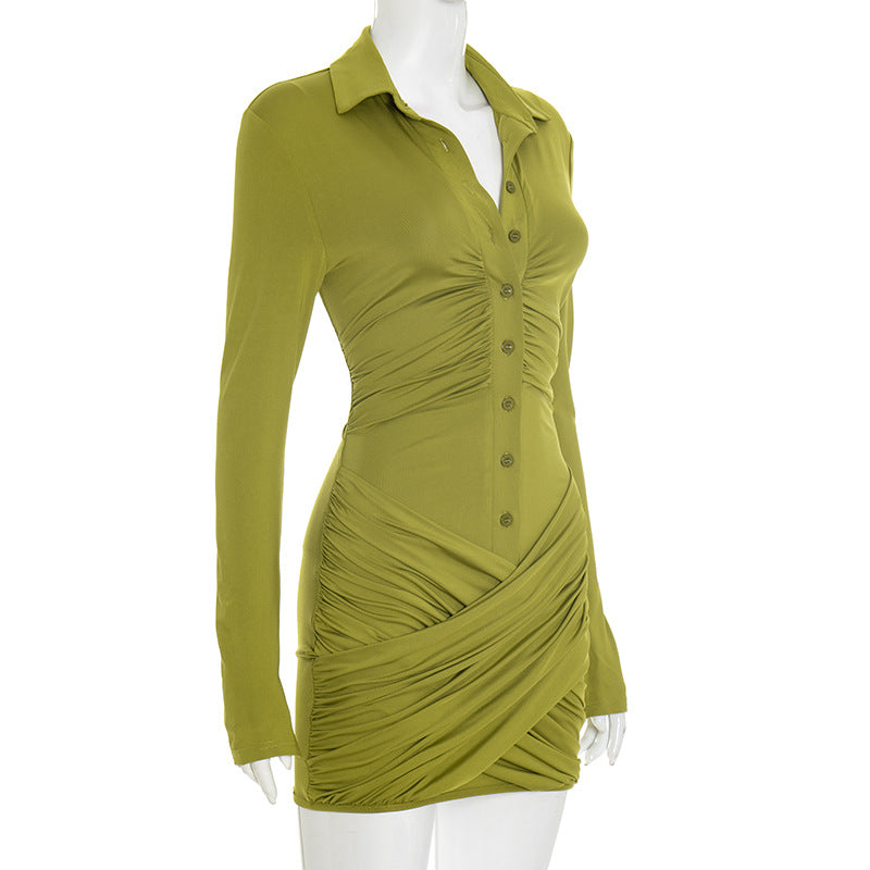 Women's Turn-Down Collar Button Long Sleeve Bodycon Short Dress 6