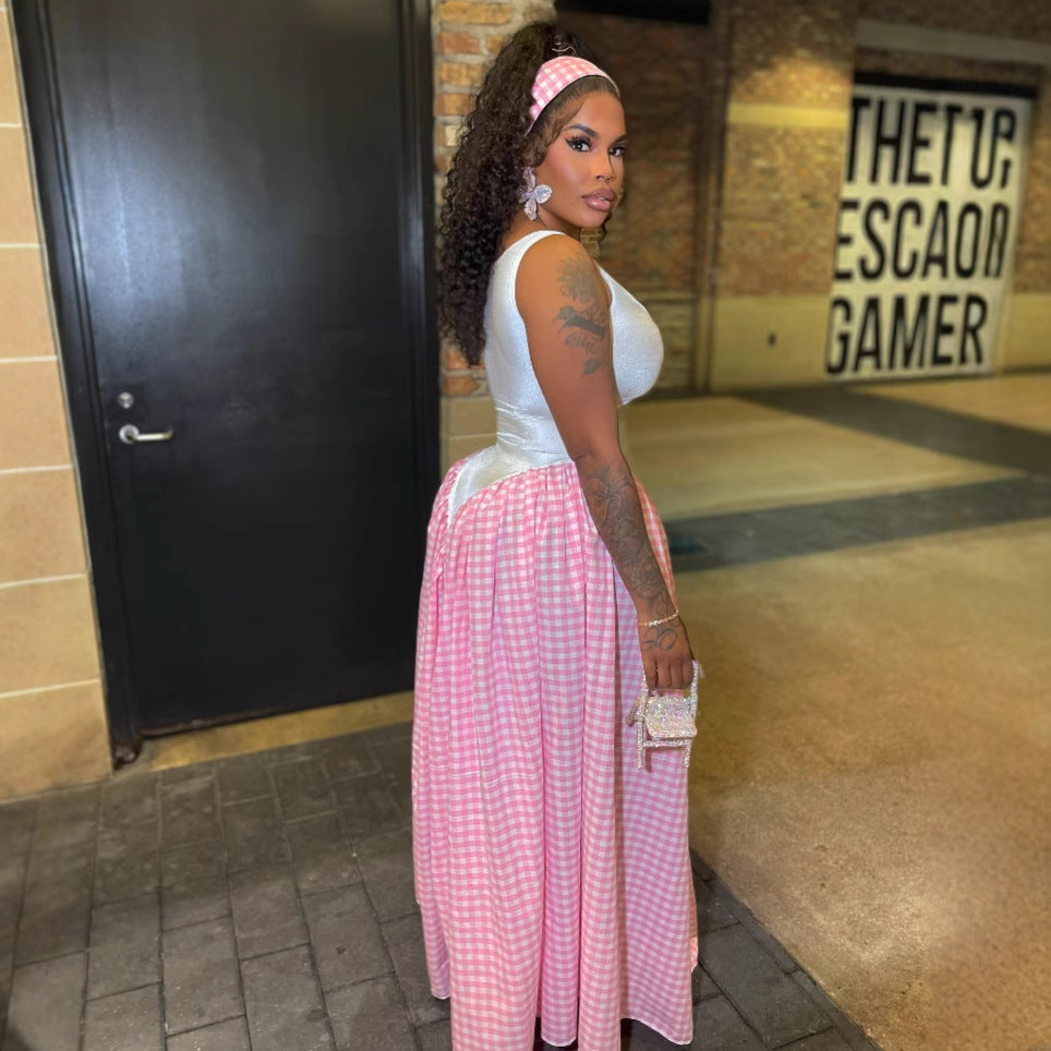 Women's Fashion Slim Waist Plaid Print Sleeveless Dress 5