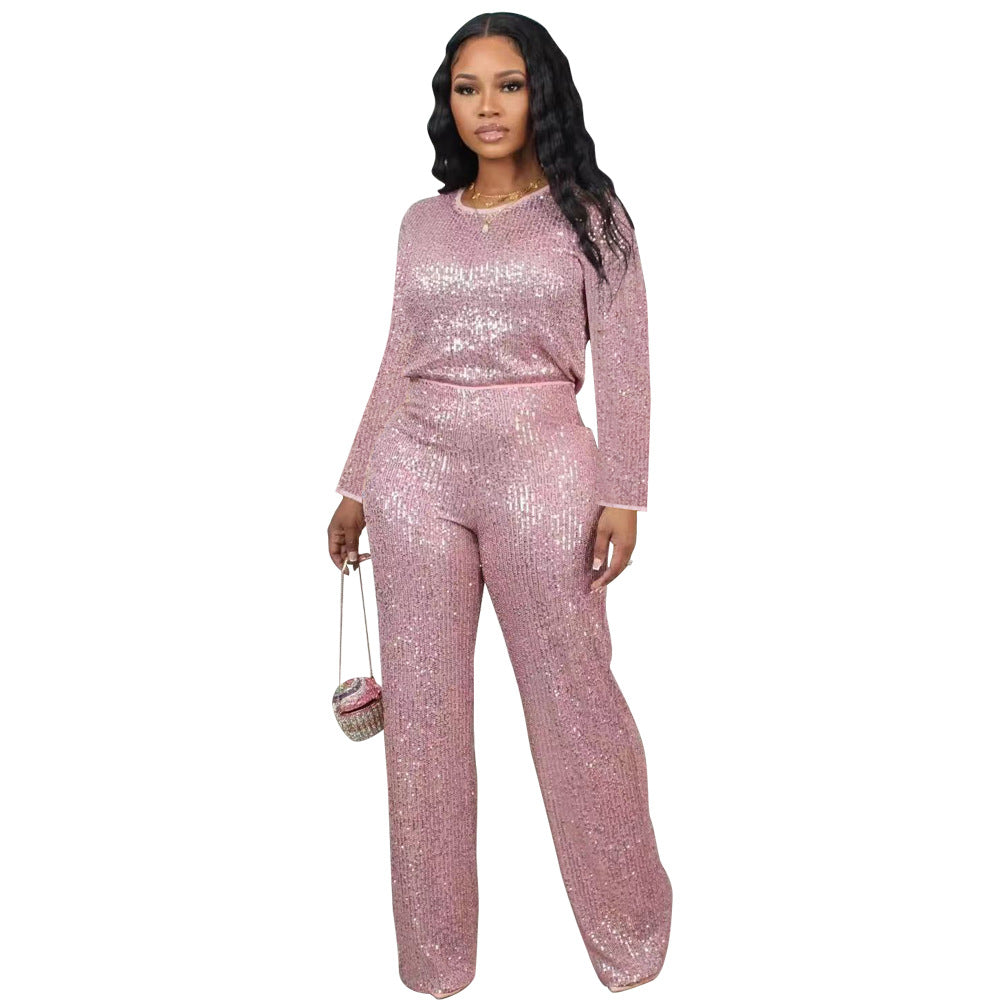 Winter And Spring Sequined Solid Color Long-Sleeved Top Trousers Two-Piece Set 13