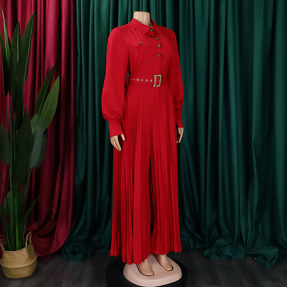 Women's Fall Winter Long Sleeve Casual Loose Pleated Wide Leg Jumpsuit with Belt 15