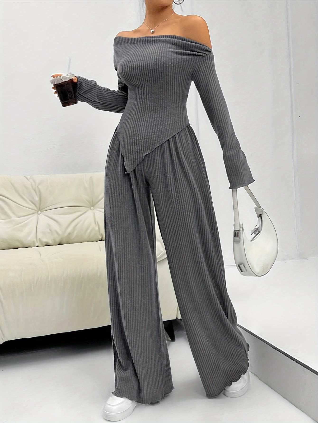 Women Autumn and Winter Casual Off Shoulder Top and wide-leg trousers two-piece set 5