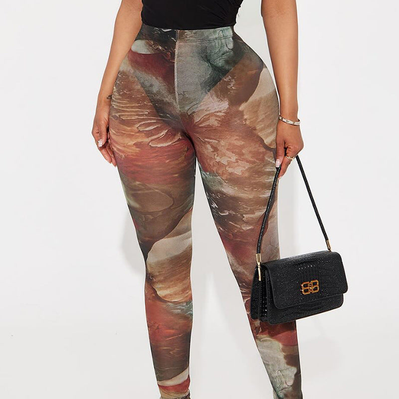 Women Spring and Summer Mesh Print See-Through Tight Pants 10