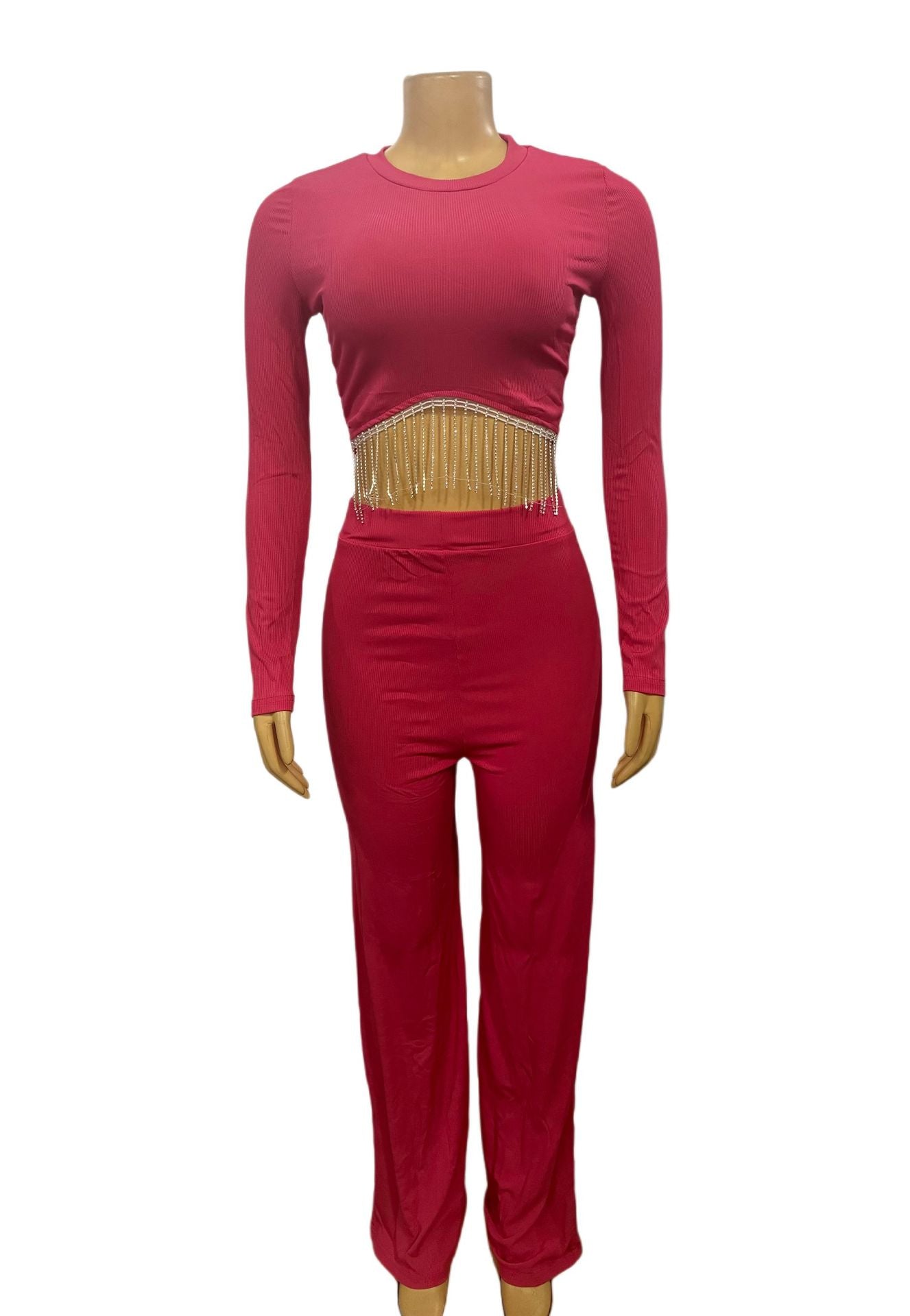 Women Patchwork Chain Round Neck Long Sleeve Top and Pants Two Piece 5