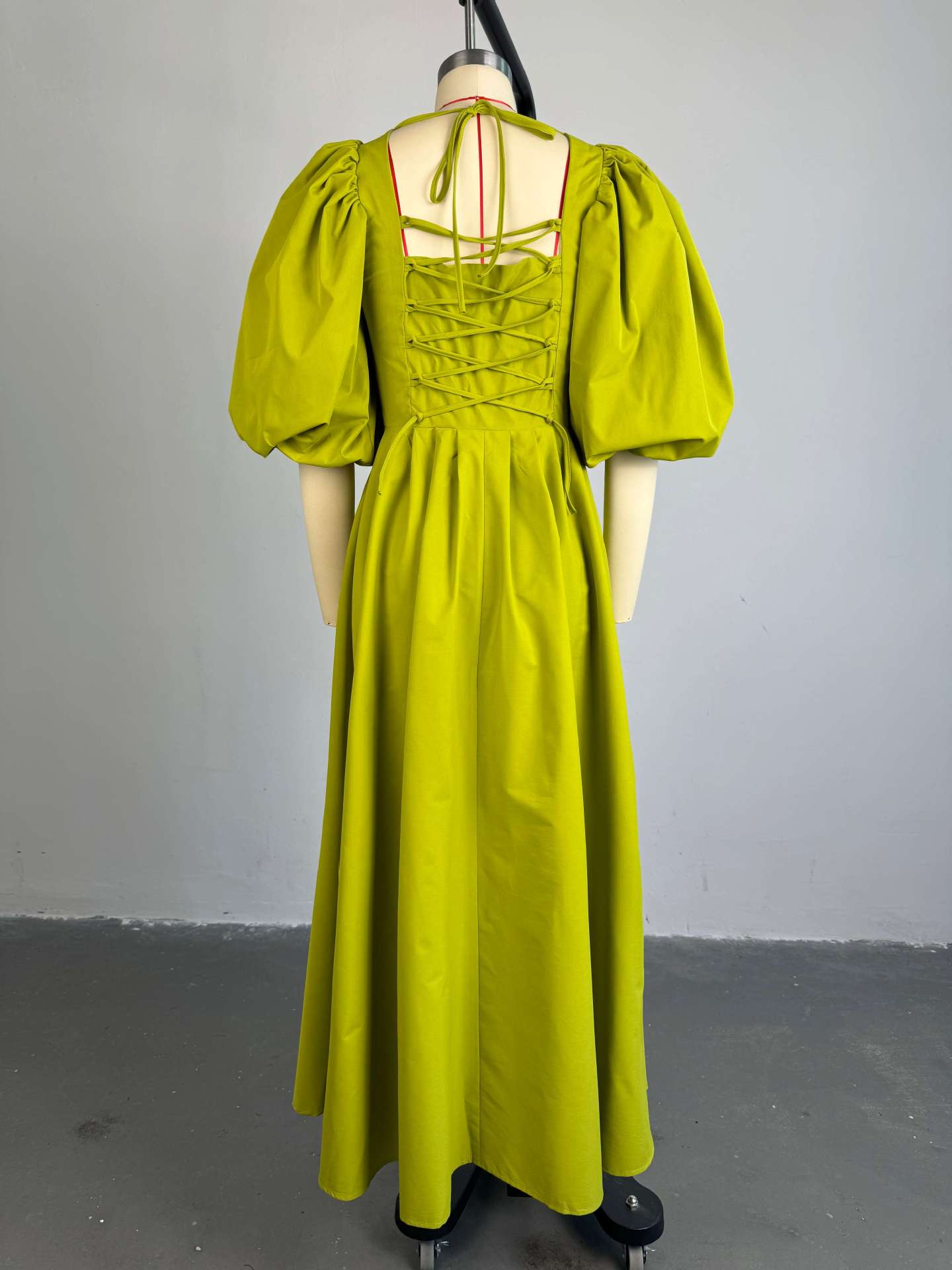 Women Autumn Square Neck Waist Lace-Up Lantern Sleeve Dress 4