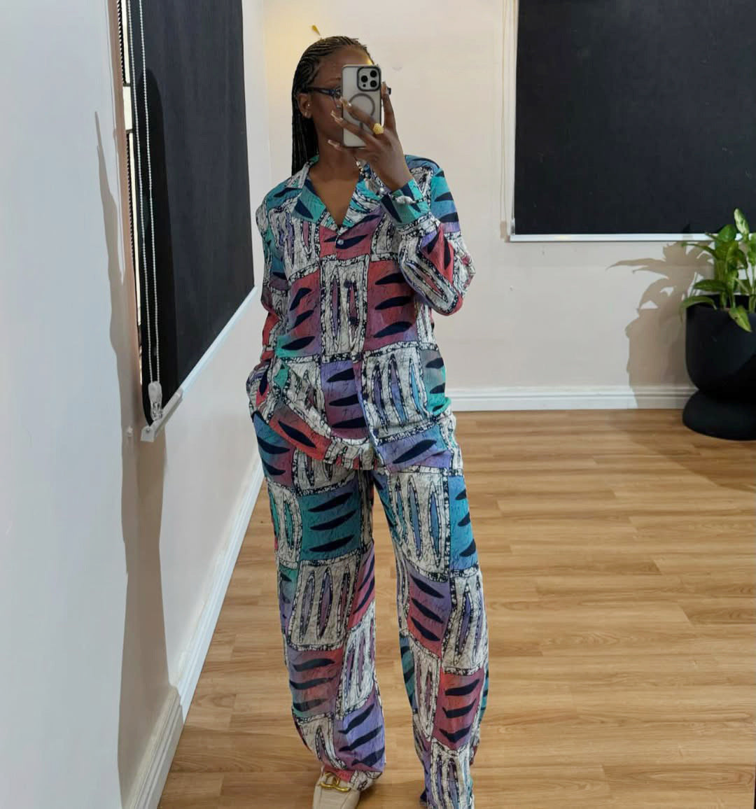 Women Africa Casual Print Long Sleeve Shirt and Pants Two-Piece Set