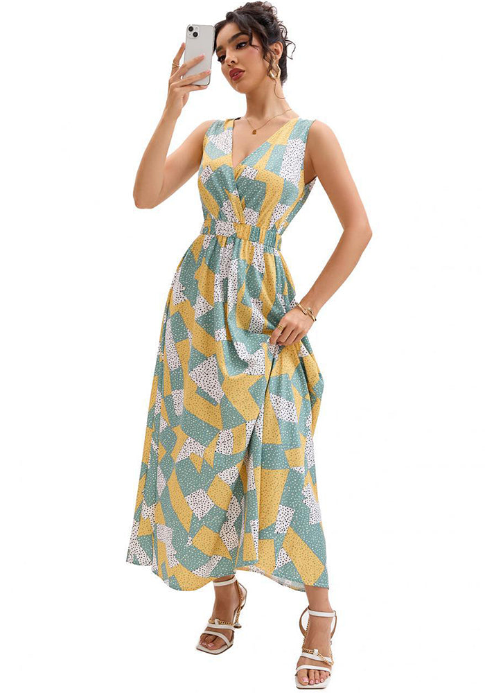 Geometric Print V-Neck Slim Waist Casual Maxi Dress