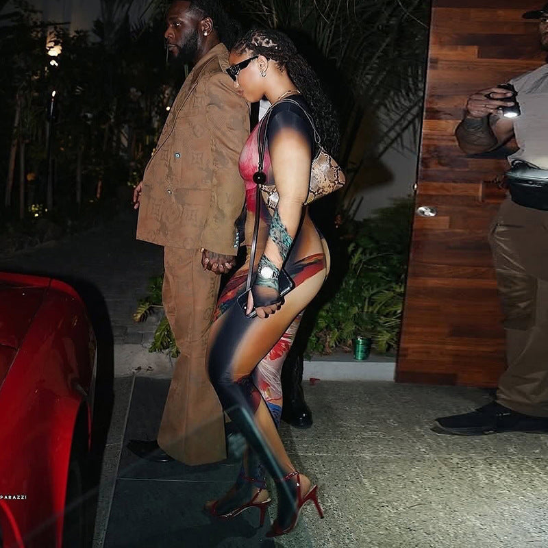 Women Body Painting Print Round Neck Long Sleeve Leg-Connected Jumpsuit 3