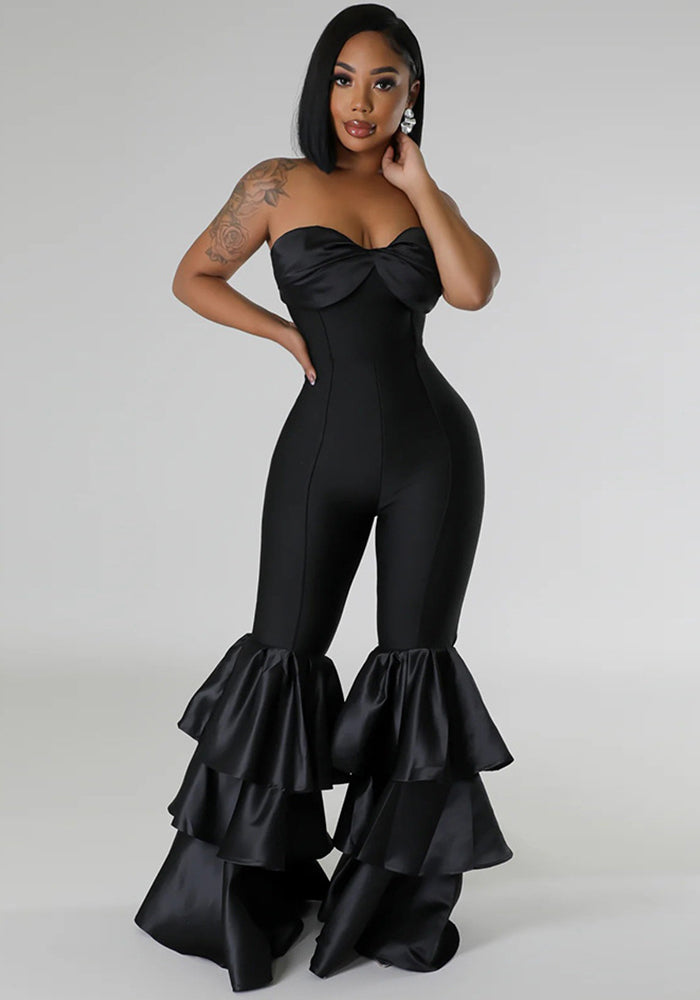 Women sexy Strapless Solid pleated lace Jumpsuit