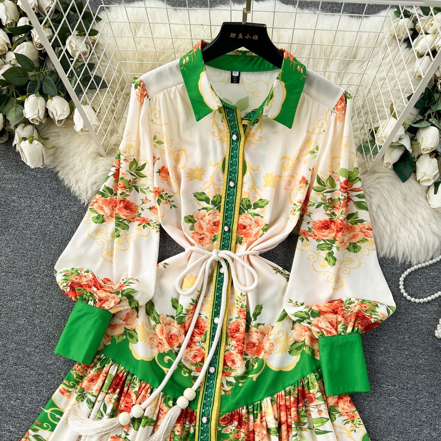 Women French retro print color matching shirt dress 14