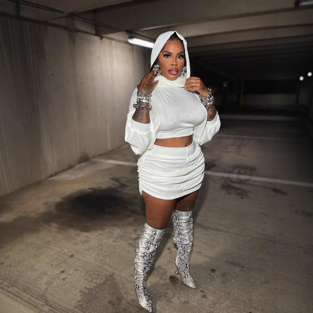 Spring Summer Hooded Puff Sleeve Crop Short Top Ruched Skirt Two Piece Set 3