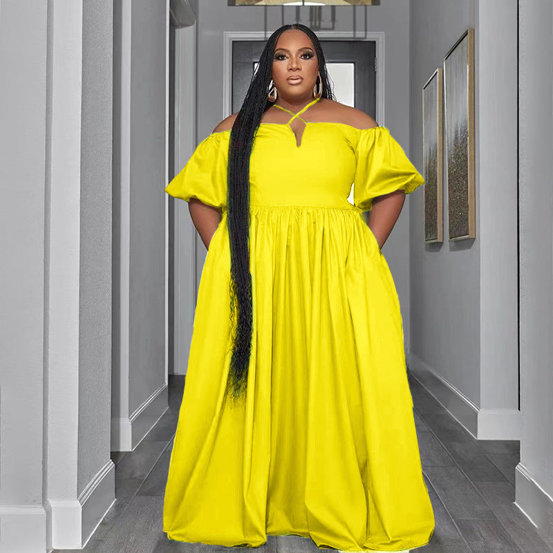 Solid Color Sexy Strapless Halter Neck Plus Size Women's Fashion Loose Short Sleeve Dress 4