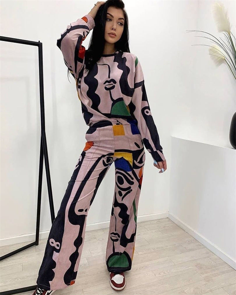 Autumn And Winter Women's Fashion Style Graffiti Printed Loose Long Sleeve Shirt Straight Pants Two Piece Set 4
