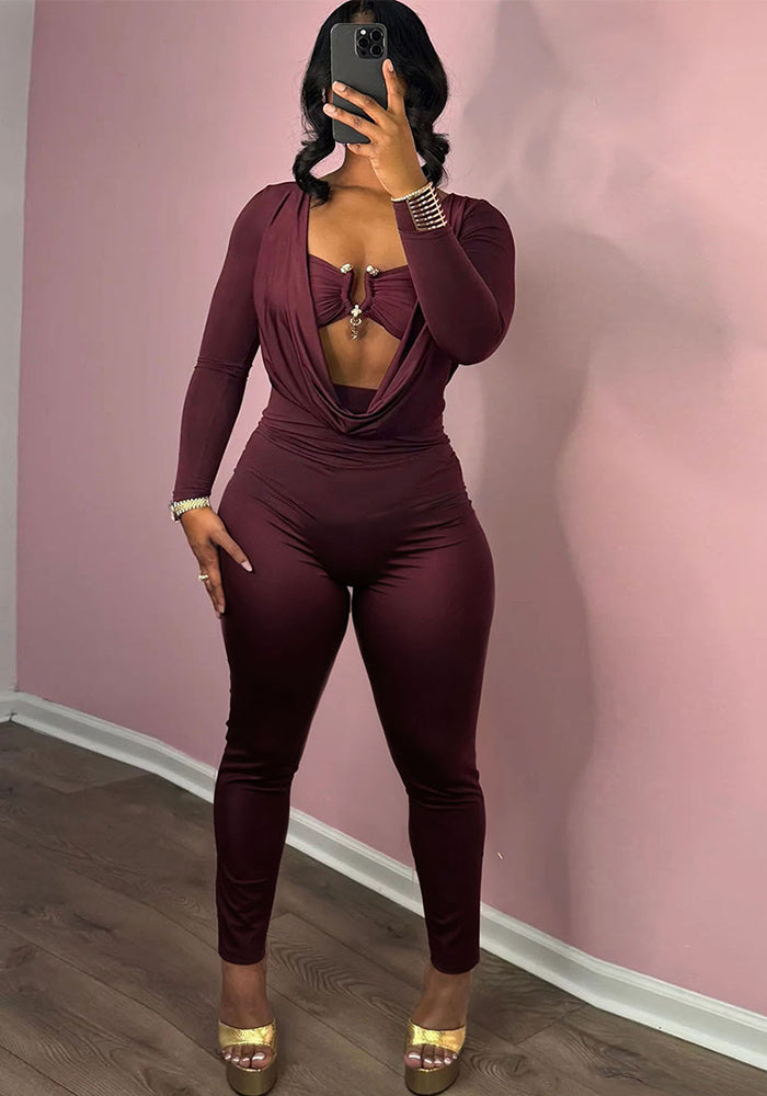 Summer Women's Fashion Sexy Draped Neck Slim Waist Bodycon Solid Color Jumpsuit