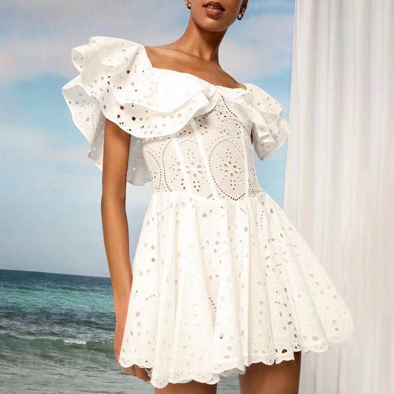 Summer Off Shoulder ruffle embroidered lace Slim Waist Slim Fit Holidays style dress 5