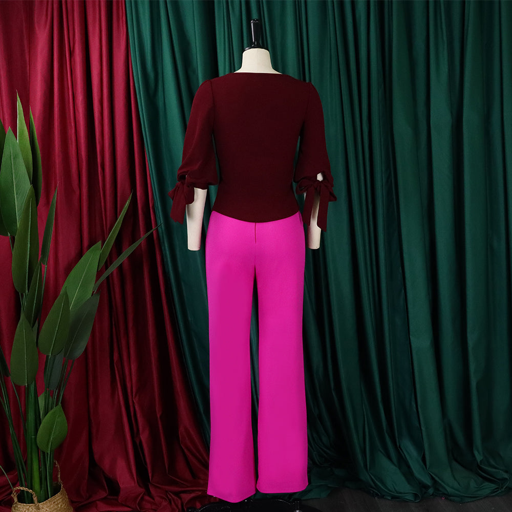 Women's Casual Set Loose Plus Size Lace-Up Top High Waist Wide Leg Pants Two-Piece Set 20