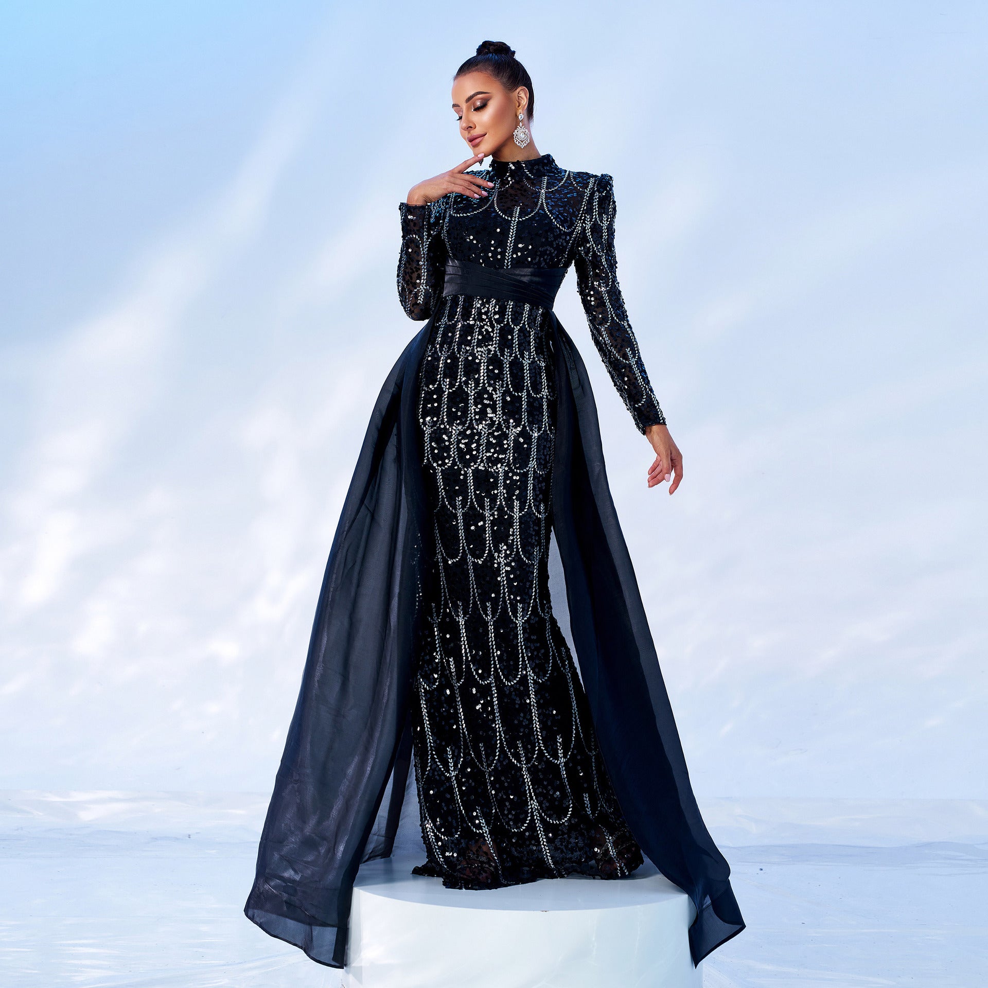 Women Long Sleeve Round Neck Sequined Formal Party Cape Maxi Fishtail Evening Dress 4