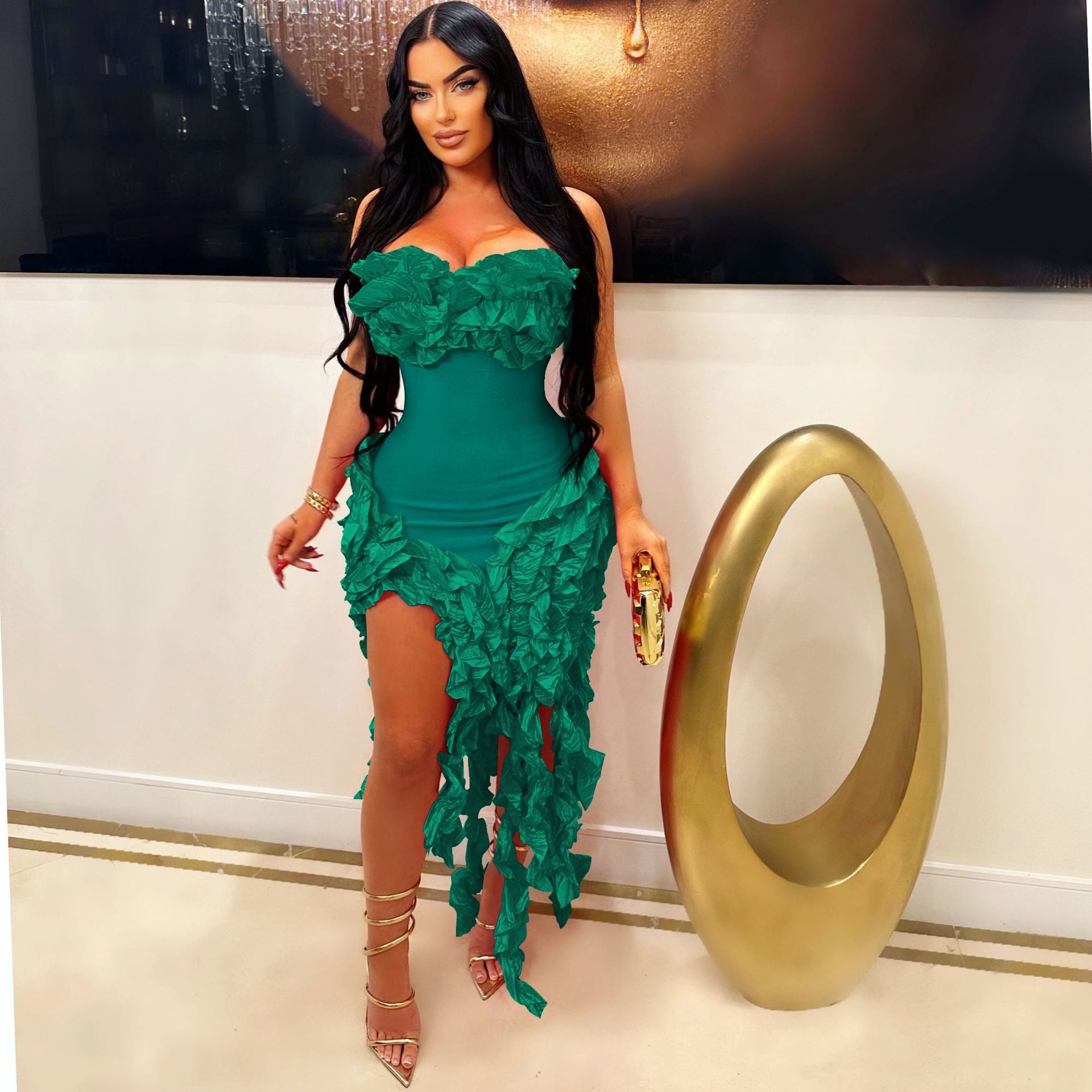 Women's Summer Sexy Strapless Ruffle Tassel Dress 4