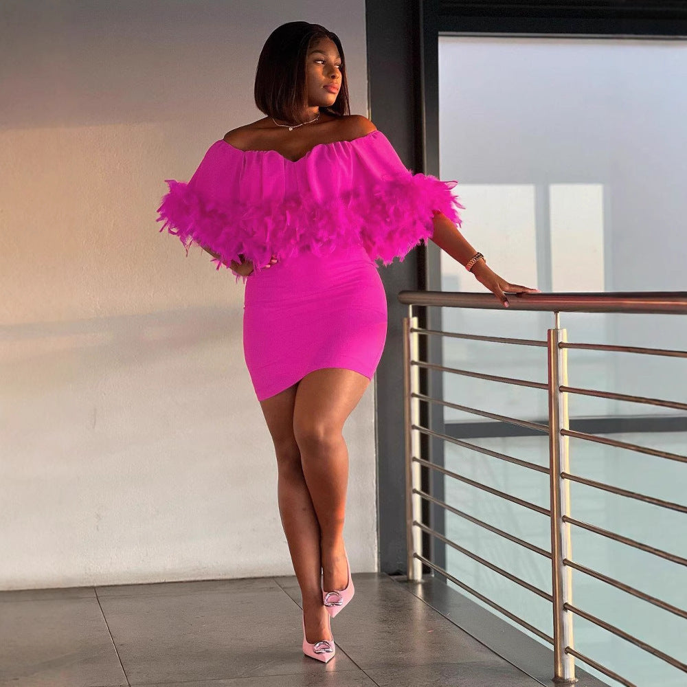 Sexy Off Shoulder Feather Elastic Bodycon Slim Dress 3