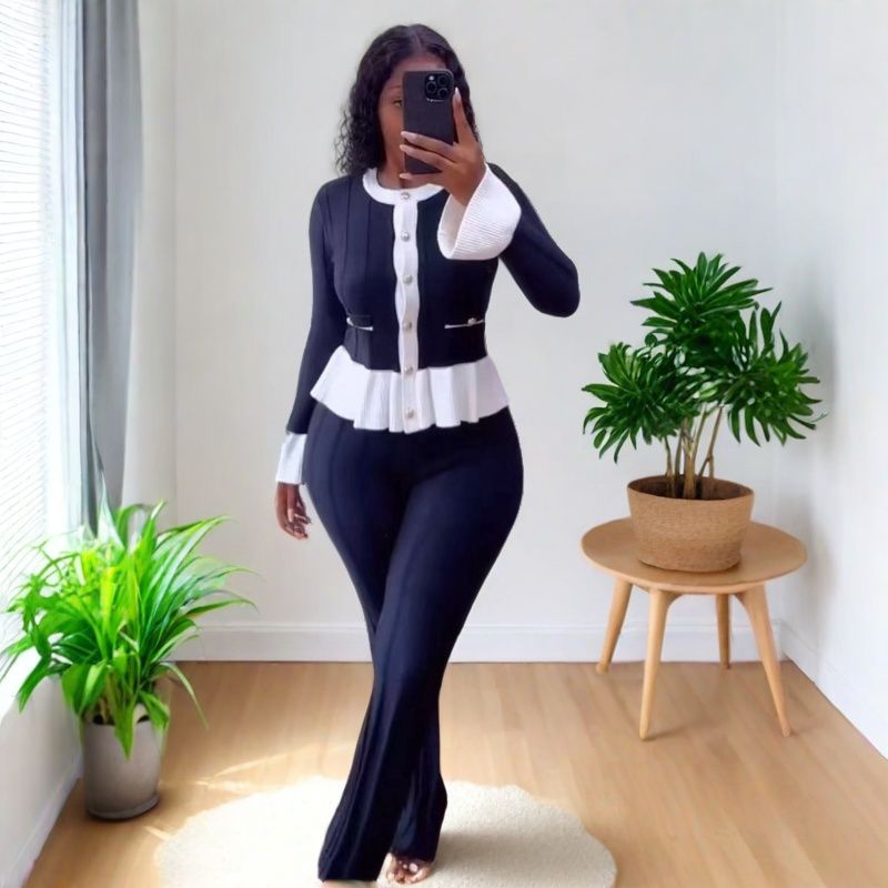 Women Long-Sleeved Knitting Top and Pant Two-Piece Set