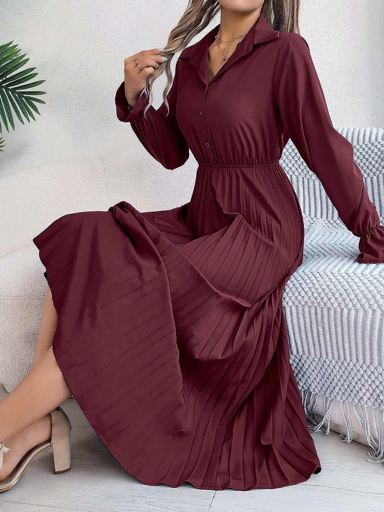 Autumn Winter Casual Turndown Collar Button Long Sleeve Slim Waist Pleated Women's Long Dress 10