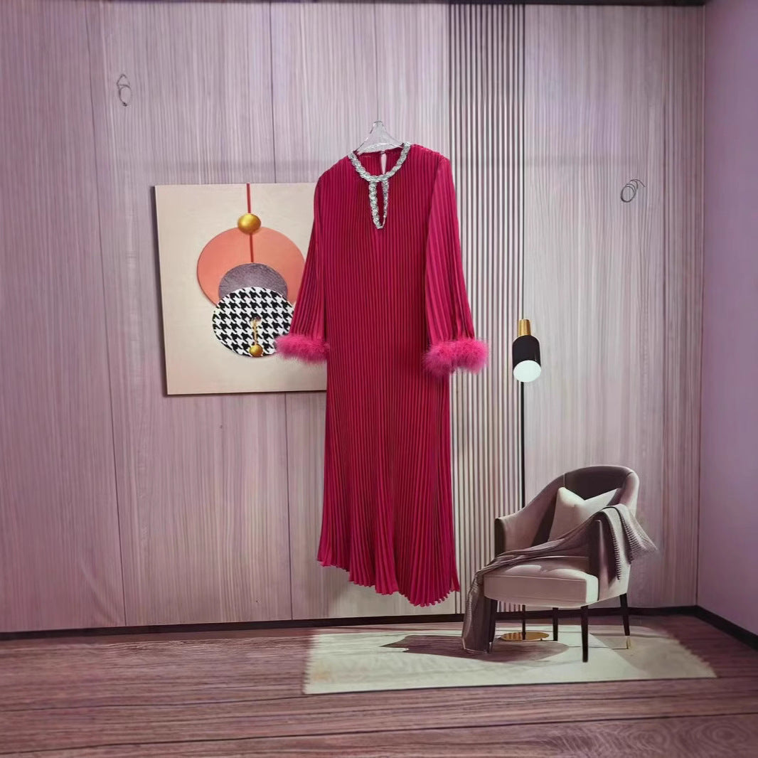 Plus Size Women Round Neck Ostrich Feather Dress 13