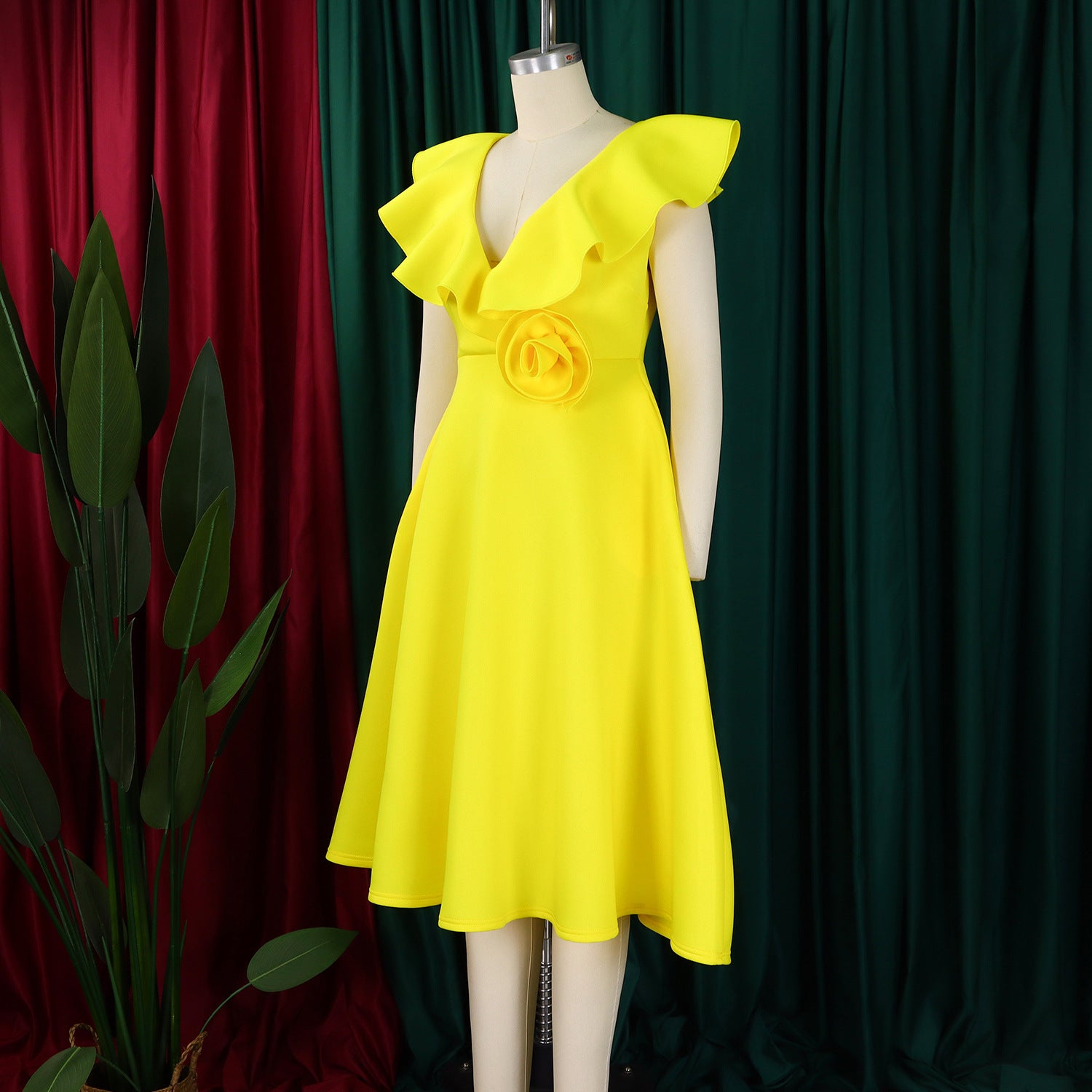 V Neck Floral Ruffle A-line Dress for Women Formal Party Gown 13