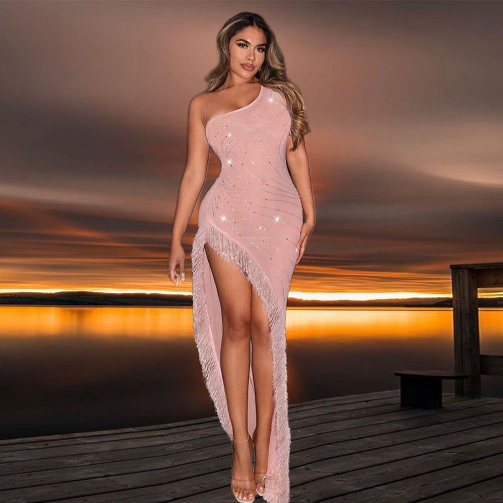 Sexy Solid Color Beaded Slash Shoulder Tassel Irregular Dress For Women