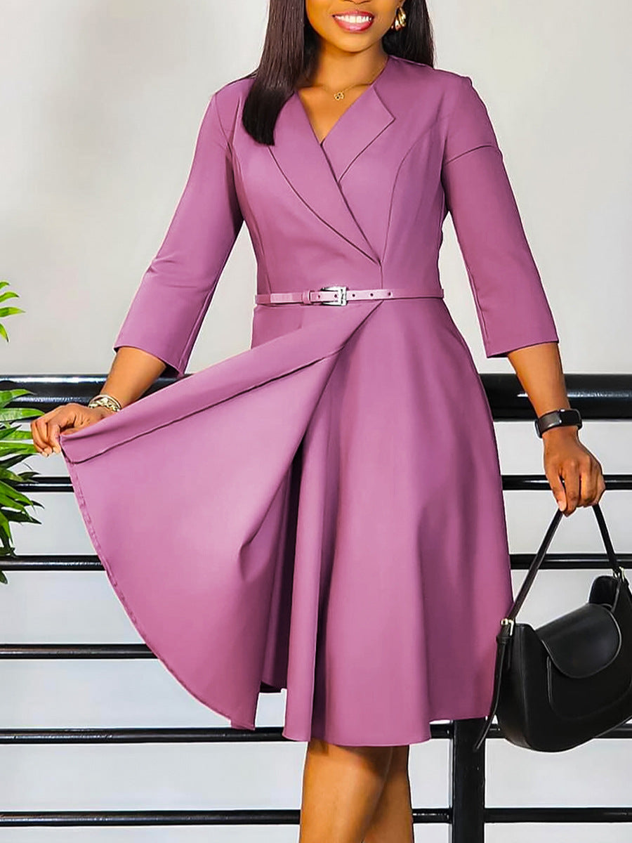 Women's Autumn Winter Fashion V-Neck Solid Color High Waist African Dress 6