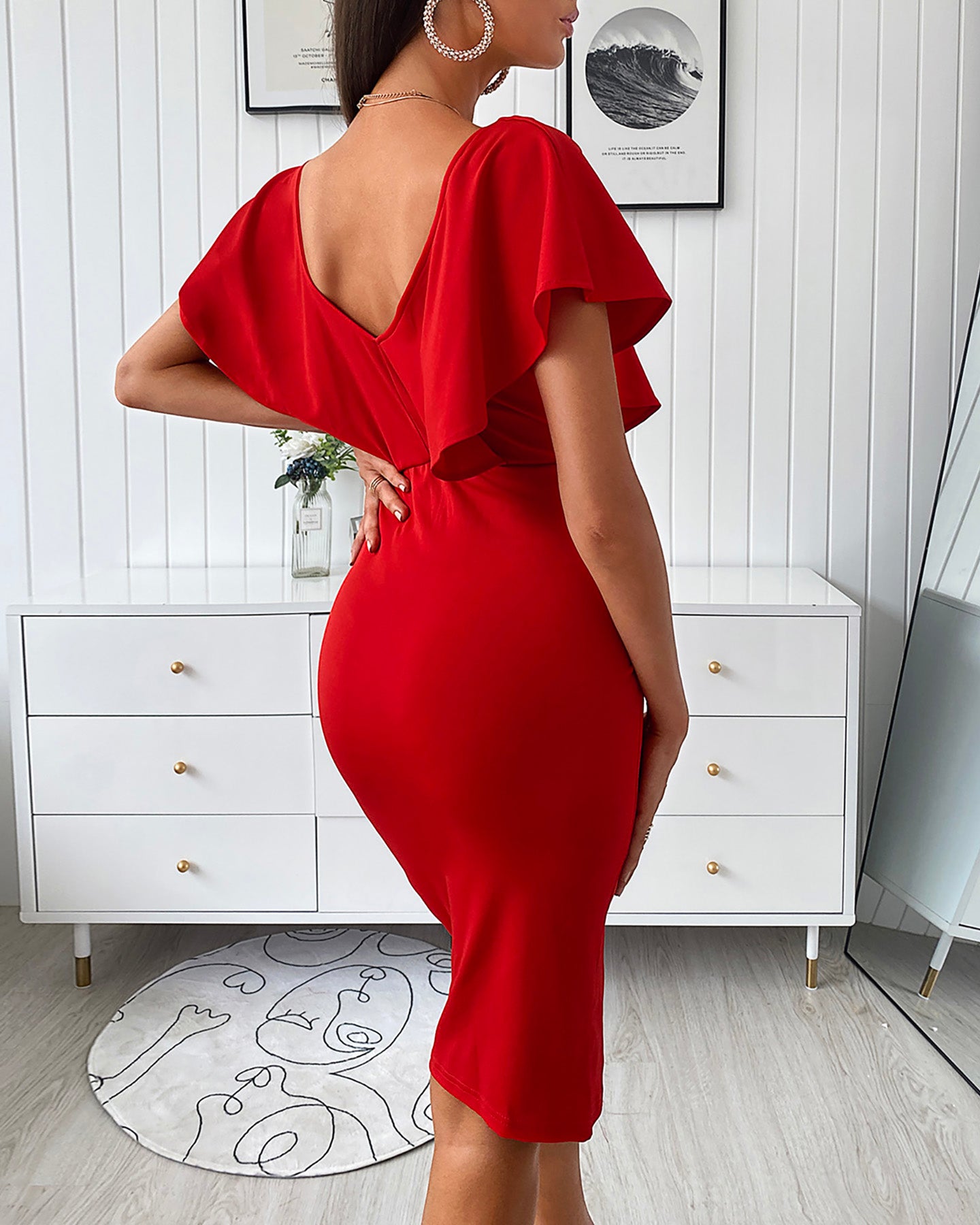 Women Red V-neck Slit Dress 7