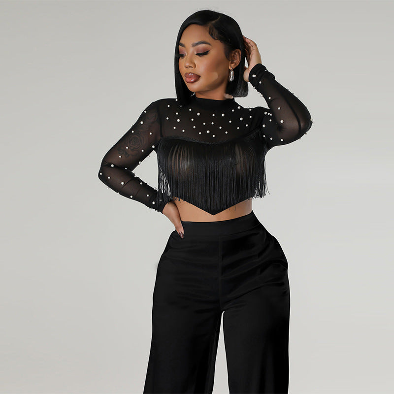 Women summer solid round neck polka dot mesh crop top and trousers two-piece suit 4