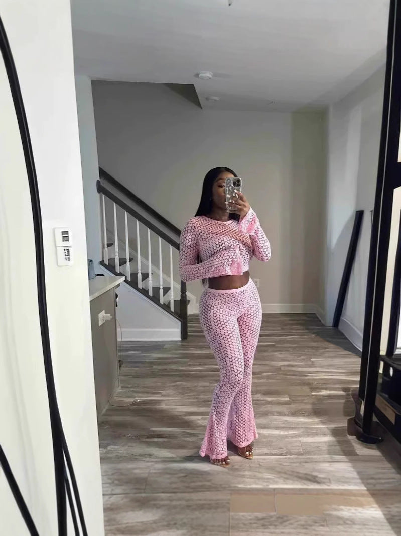 Women Sexy Lace Ripped See-Through Long Sleeve Crop Top and Pants Two Piece Set 5