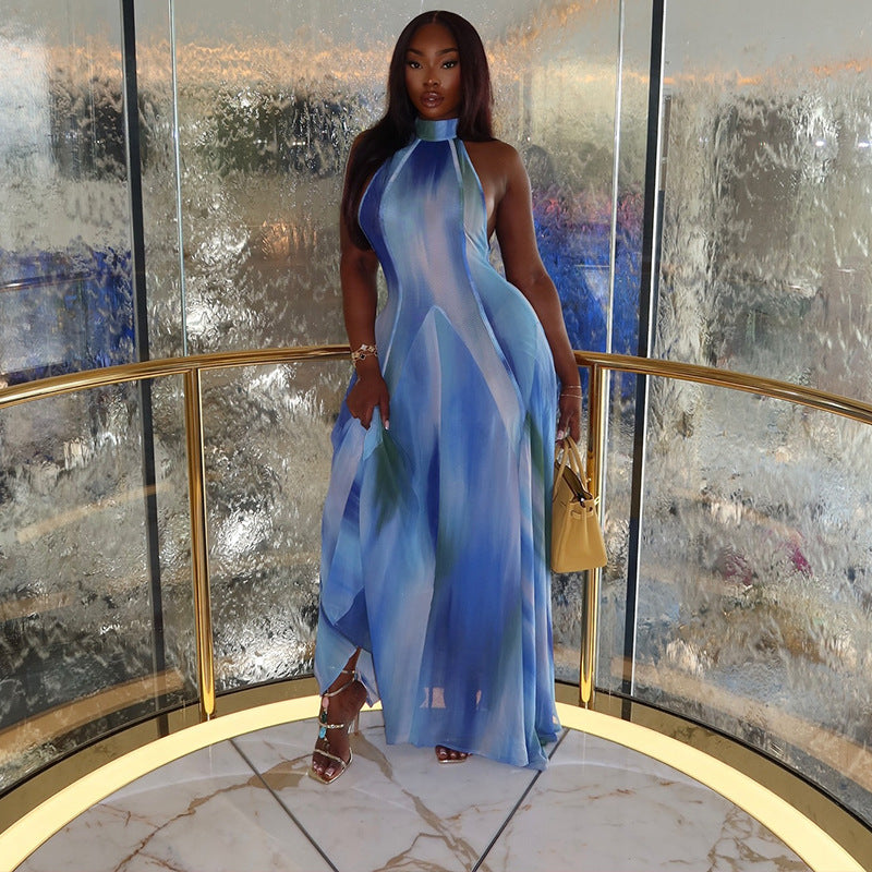 Women Print Gradient Stand Collar Long Sleeve Dress