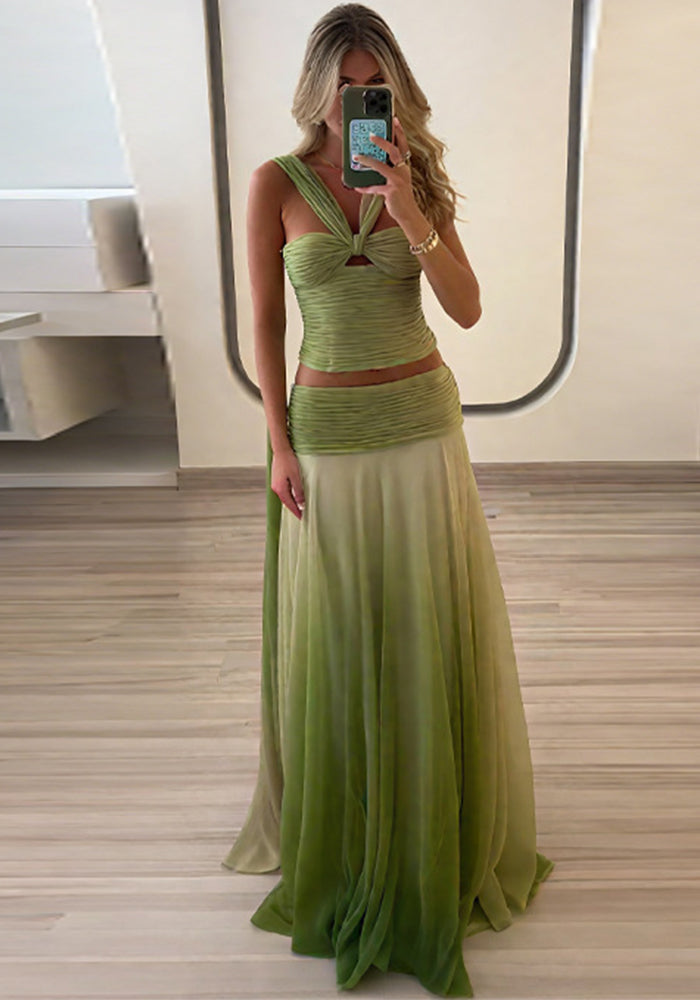 Women Summer Gradient Halter Neck Suspender Top and Skirt Two-Piece Set