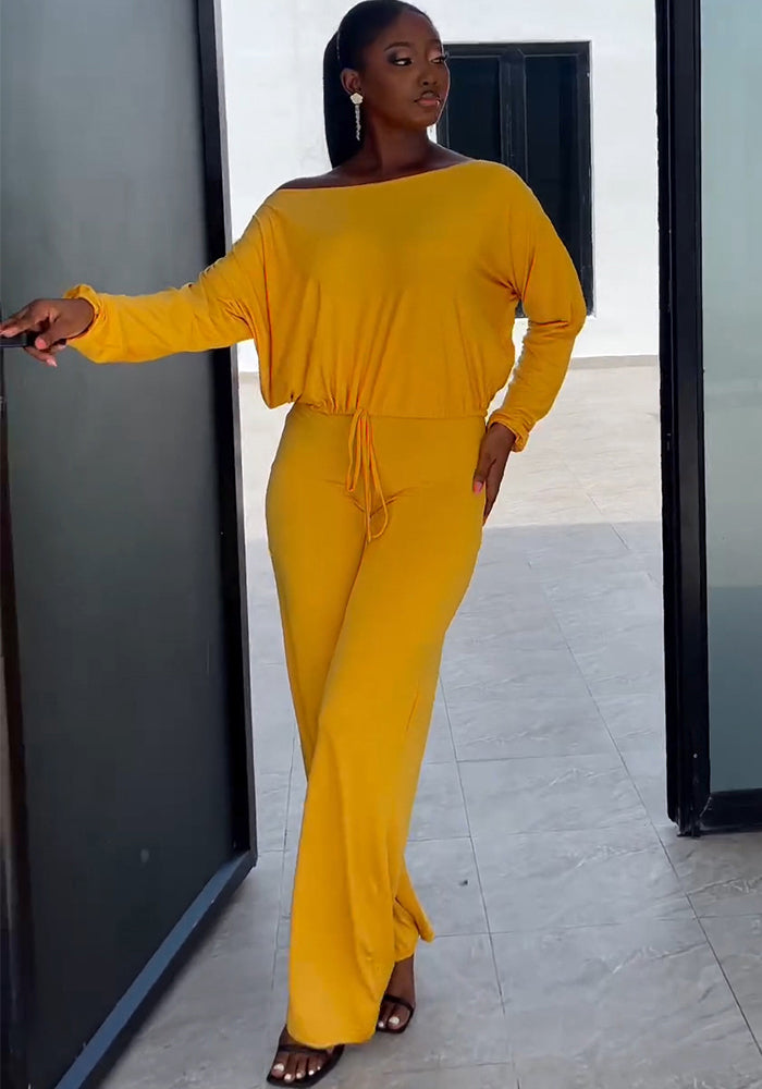 Women's Fashion Casual Solid Bat Sleeves Drawstring Jumpsuit