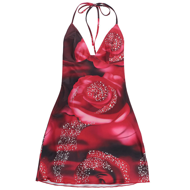 Sexy Low Back Lace-Up Slim Waist V-Neck Flower Print Strap Bodycon Dress 9