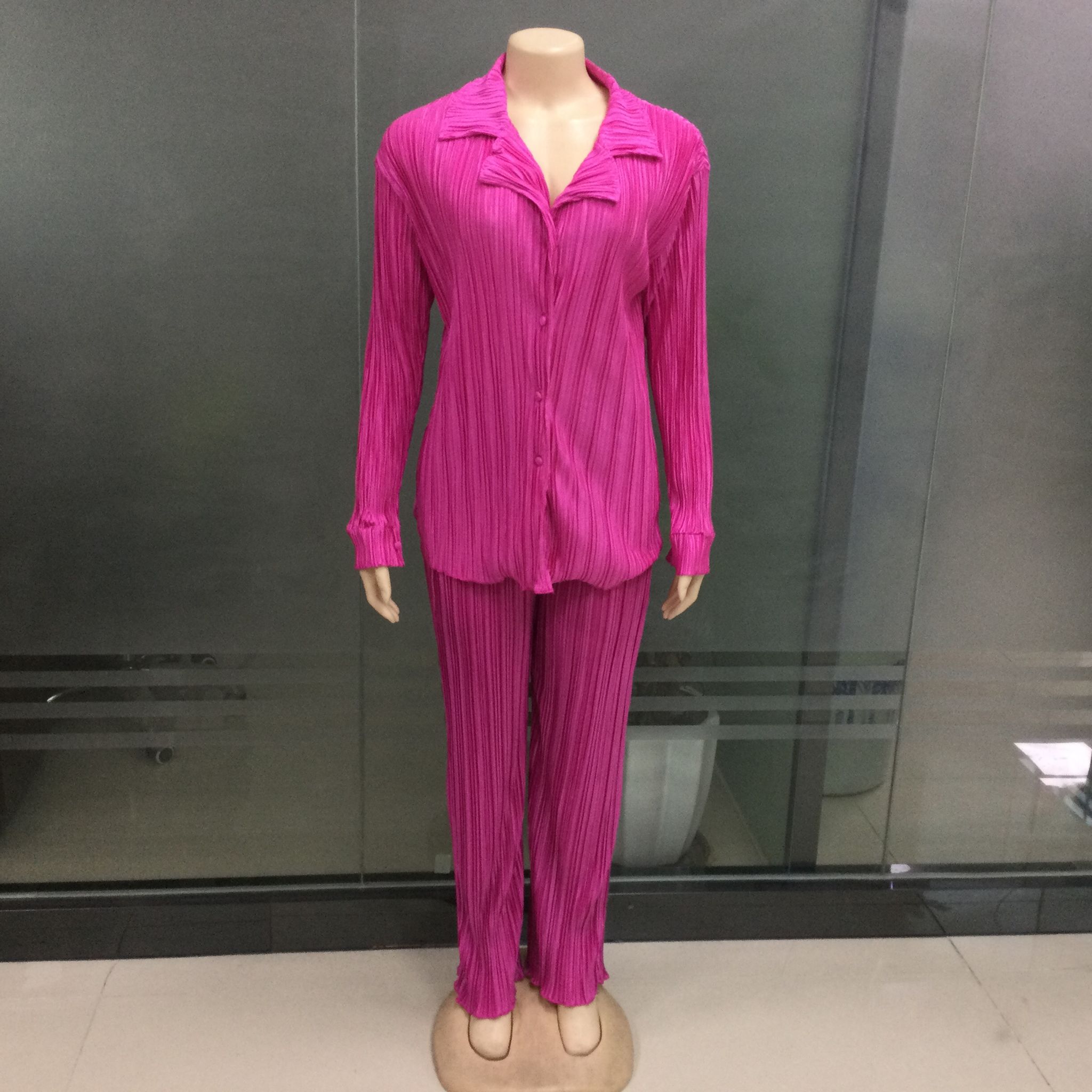 Spring/Summer Solid Color Drape Loose Silky Pleated Casual Two-piece Set 37