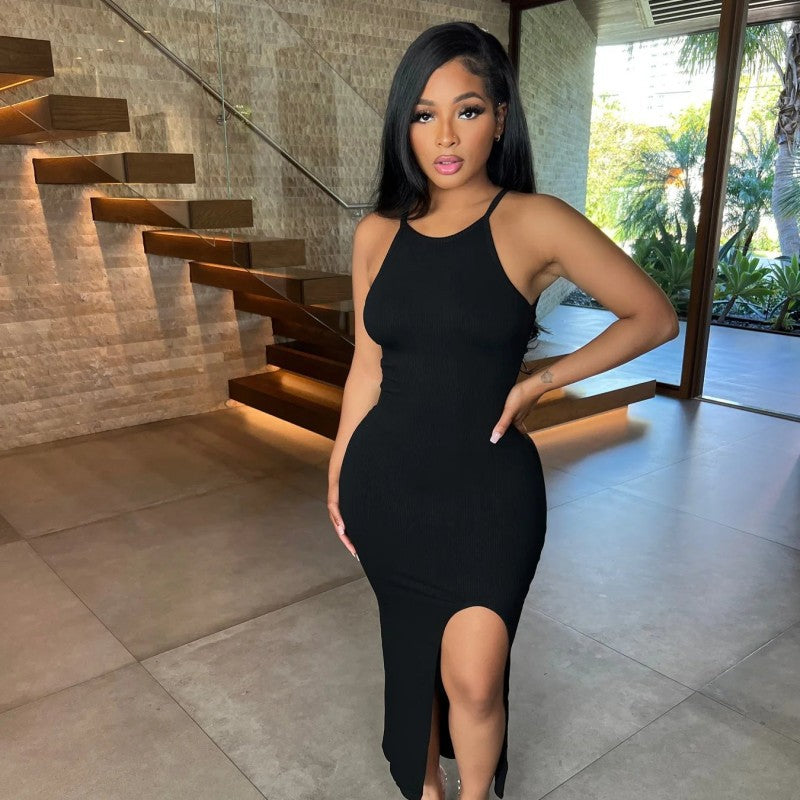 Women Summer Solid Sleeveless Round Neck Slit Bodycon Dress 8