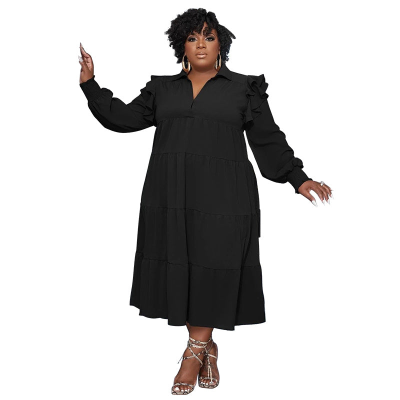 Plus Size Women's Ruffled Shoulder Long Sleeve Layered Swing Dress 8