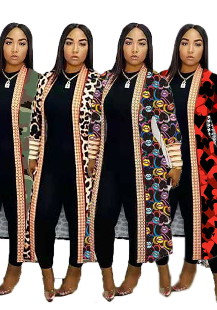 Women printed lips leopard print Long jacket
