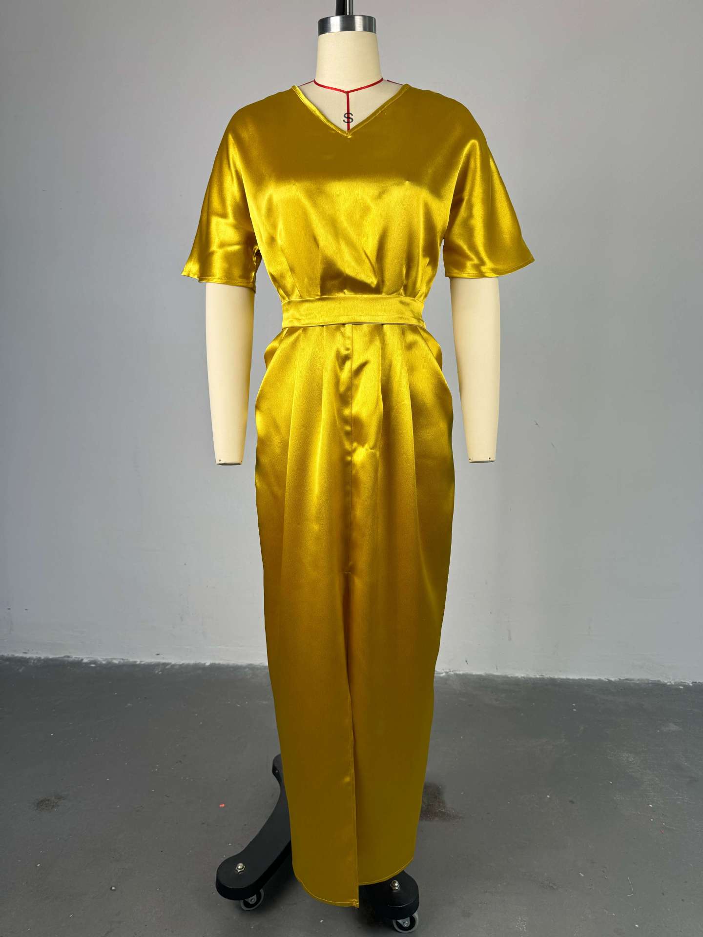 Women's Spring Chic Elegant V-neck Short Sleeve High Waist Slit Long dress 4