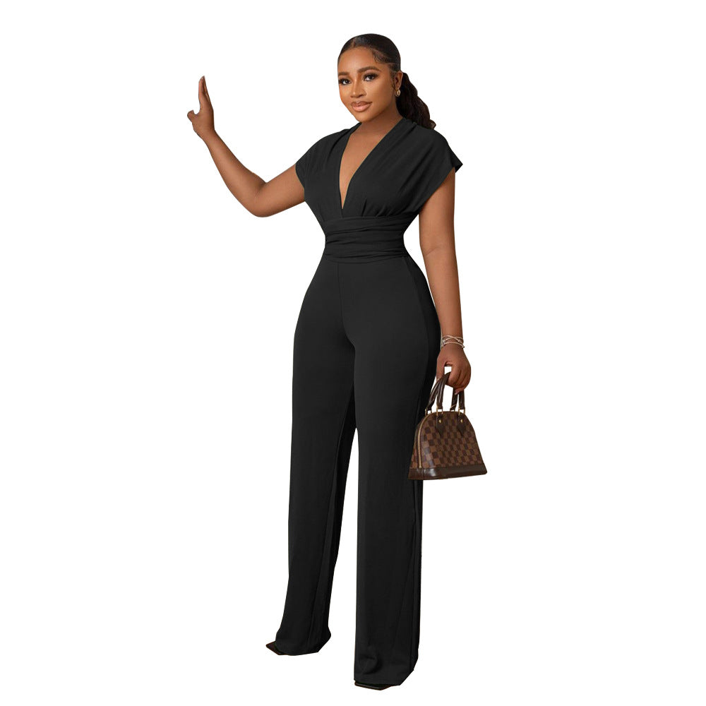 Women Solid V-neck Slim Short Sleeve Jumpsuit 9