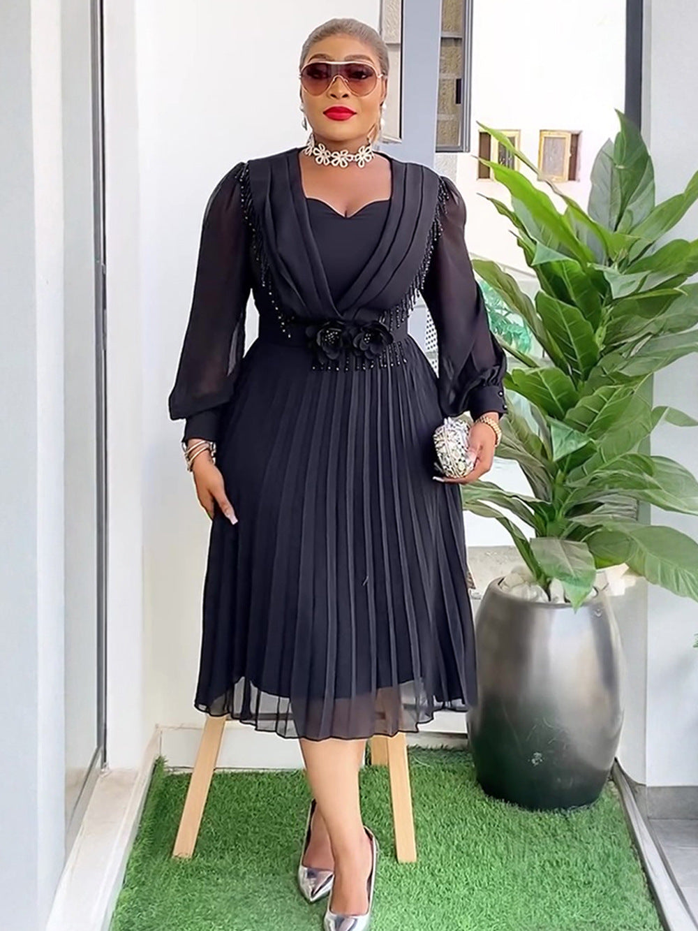 Chic Career Slim Waist Pleated A-Line Chiffon Dress 6